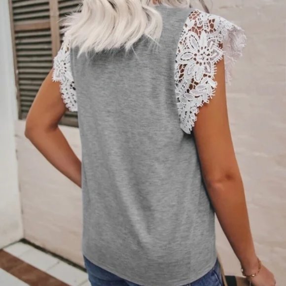 Shein V-neck Contrast Lace Ruffle Sleeve Top Gray Size S - Picture 2 of 6